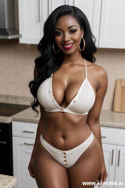 Housewife, kitchen, kneel, round boobs, extremely pretty, full lips, button nose, eye contact, smile, ahegao, hoop earrings, styled hair, tight waist, hourglass figure - ai-porn.ai on pornintellect.com