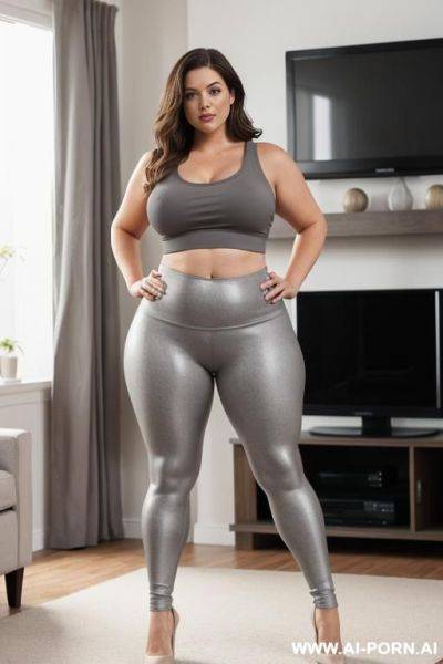 Chubby white woman, full body, standing, longe brown hair, triangular hips, thick thighs, wearing grey leggings and tank top, living room in front of the television - ai-porn.ai on pornintellect.com