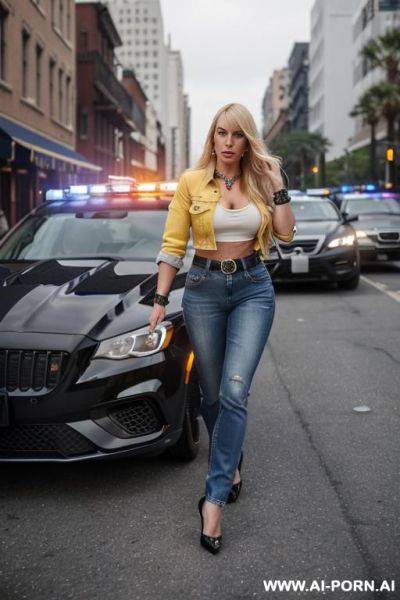 A blonde woman with long hair, a nose piercing, bangs, and big tits wearing a denim jacket, yellow top, and jeans. she sucks a man cock at a bar. - ai-porn.ai on pornintellect.com