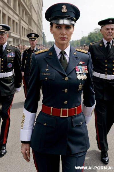 Military parade, military dress uniform, military necklace, surrounded by old men - ai-porn.ai on pornintellect.com