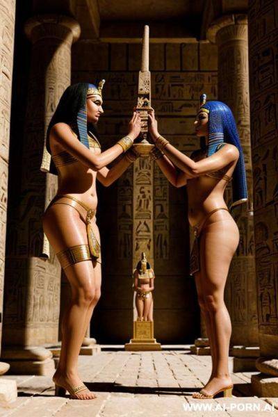 Ancient egyptian male temple servant presents a naked female egyptian temple servant with schaved vagina to a chubby priestess in noble egyptian clog - ai-porn.ai - Egypt on pornintellect.com