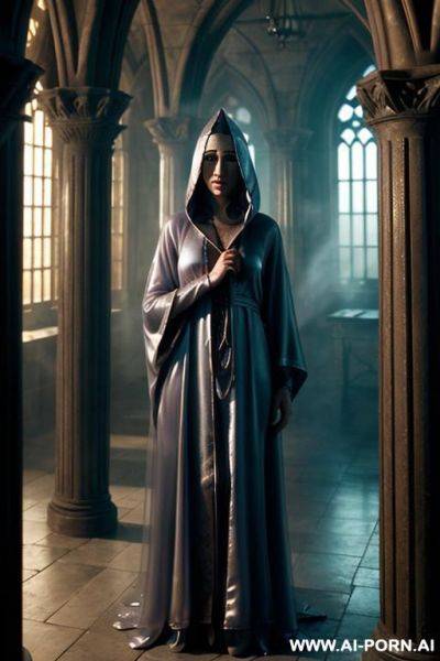 (closeup) (famous fictional wizard castle) (famous fictional smart wizard woman) (transparent wizard robes) (peeking from behind column) - ai-porn.ai on pornintellect.com