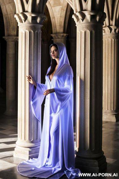(closeup) (famous fictional wizard castle) (famous fictional smart wizard woman) (transparent wizard robes) (attempting to hide behind column) - ai-porn.ai on pornintellect.com