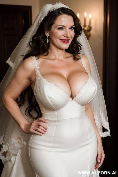 (((wide hips))) rounded, ((hourglass)) body, narrow waist, (side view), deep cleavage, natural beauty, nice smile, curly long hair, tight belly, lipstick. - ai-porn.ai on pornintellect.com