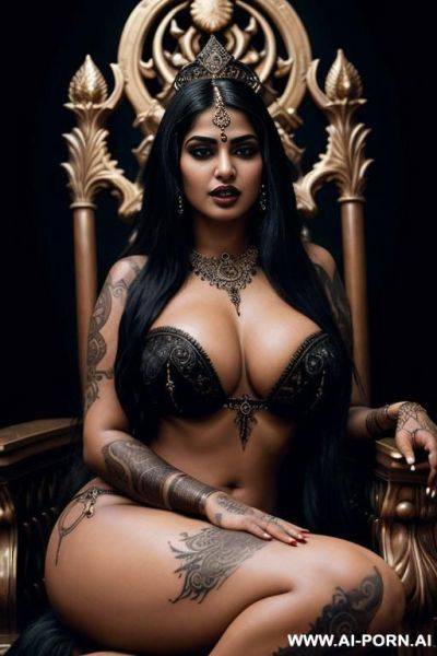 Artistic nude photo of a 19 year old indian voluptuous woman, big breasts, sitting on an ornate throne in an inviting pose, tattoos intricately covering her body, vampire features including - ai-porn.ai - India on pornintellect.com