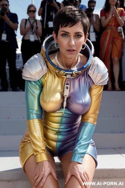 (((full body shot))), hoop earings, (stylish pixie haircut), (most beautiful women ever), (sexy milf), photorealistic image of an alluring sitting seductively on stone stairs, showing pussy, (legs - ai-porn.ai - India on pornintellect.com