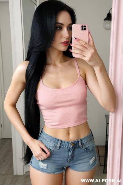 Woman long hair short denim shorts top pink selfie photo in the mirror - ai-porn.ai on pornintellect.com