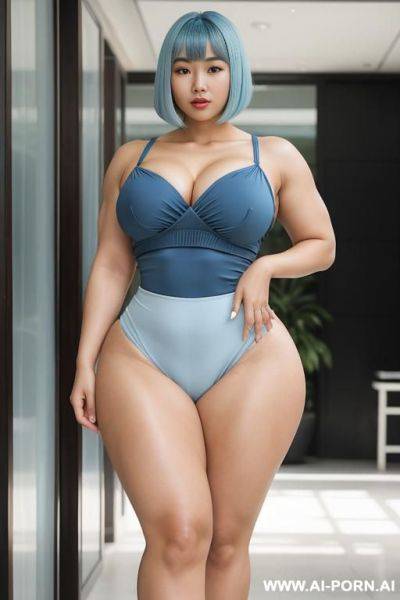 Bob with bangs haircut, light blue hair, beautiful atractive asian woman, huge bulked up thighs, gigantic thighs, strong legs, massive thighs, wide hips - ai-porn.ai on pornintellect.com