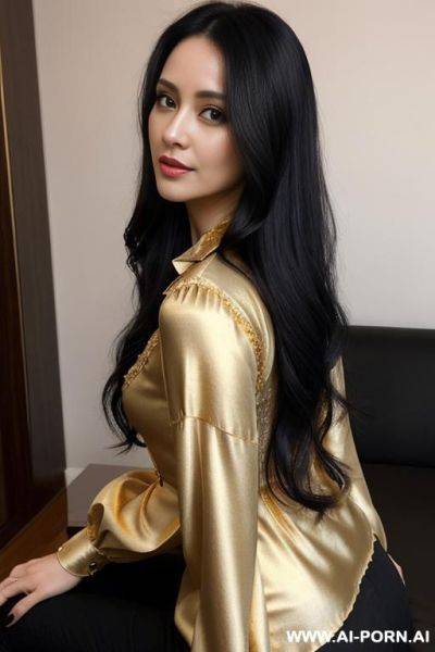Woman long hair blouse lace gold selfie - ai-porn.ai on pornintellect.com