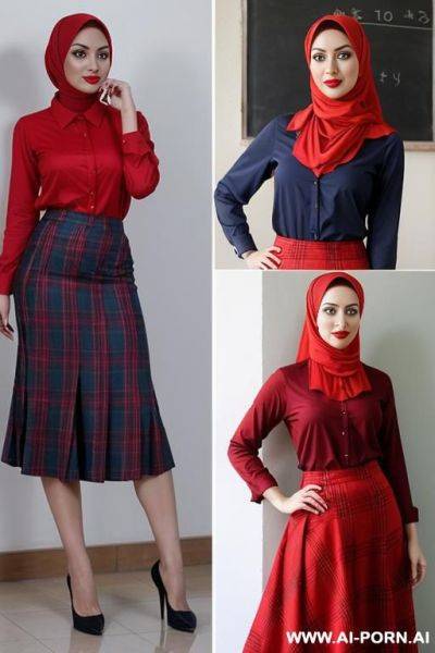 Lesbians at (a and a teacher), a teacher in a hijab, in a red shirt and a long skirt, with gorgeous shapes and sexy looks with red lips and blue eyes. a without a hijab, in a shirt and a plaid skirt - ai-porn.ai on pornintellect.com
