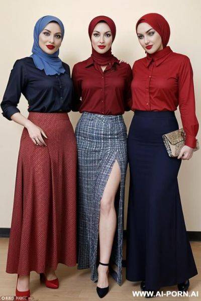 Two lesbians at (a and a teacher), a teacher in a hijab, in a red shirt and a long skirt, with gorgeous shapes and sexy looks with red lips and blue eyes. a without a hijab, in a shirt and a plaid skirt - ai-porn.ai on pornintellect.com