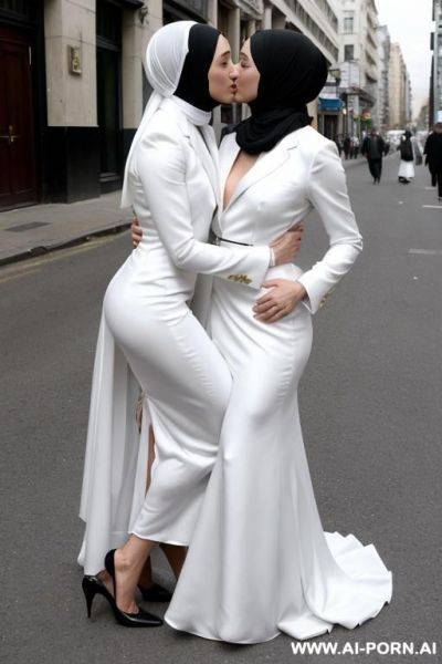 Two lesbian womans in hijabs, on the street, the first in a black tuxedo, the second in a white wedding dress with a ring on her finger - ai-porn.ai on pornintellect.com