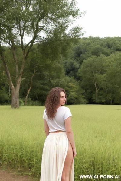 Village farms! forest! woman standing on the grass! barefoot! white t-shirt and skirt! nude ass! - ai-porn.ai on pornintellect.com