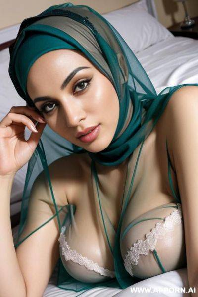 Sexy hijab wife in laying down in bed with transparent cloths - ai-porn.ai on pornintellect.com