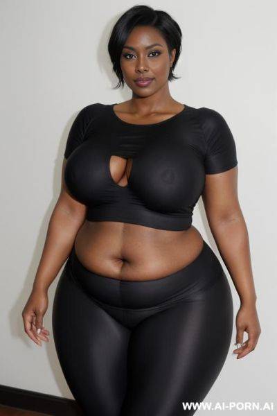 Sexy bimbo milf, aged milf, matured milf, thot, really dark black skin, deep dark black skin color, ultra thicc, bulked up thighs, tight shirt, extremely gigantic boobs, perfect eyes - ai-porn.ai on pornintellect.com