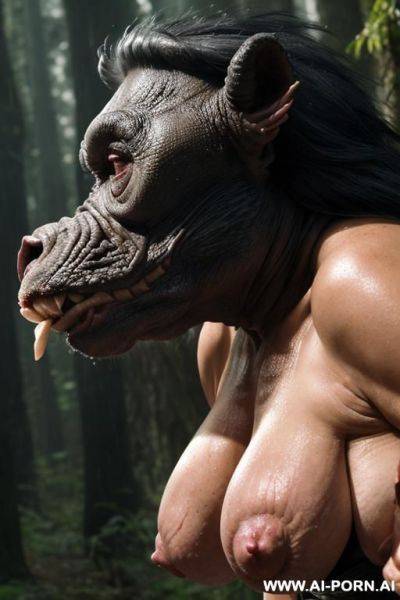 Two characters in the picture: granny and space monster (male) (fictional image); night, totally darkness (very dark) (almost pitch black), heavy rain; big monster (really male monster) (non-humanoid - ai-porn.ai on pornintellect.com