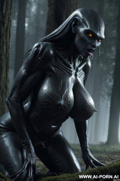 Two characters in the picture: woman and monster (extraterrestrial creature) (male) (fictional image); night, totally darkness (very dark) (almost pitch black), downpour; big extraterrestrial creature - ai-porn.ai on pornintellect.com