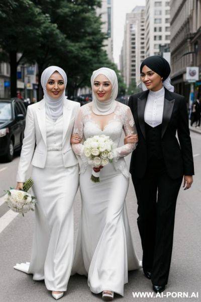 Two lesbian womans in hijabs, on the street, the first woman in a black tuxedo, the second woman in a white wedding dress with a ring on her finger - ai-porn.ai on pornintellect.com