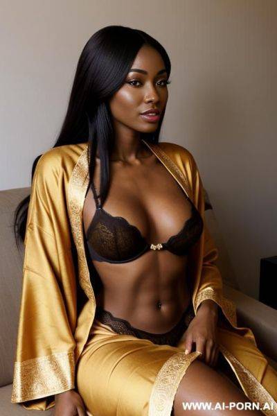 Realistic kongo woman, happy, beautiful natural boobs, beautiful natural body, ochre royal african robes, brown royal african lingerie, in a harem, on a couch - ai-porn.ai on pornintellect.com