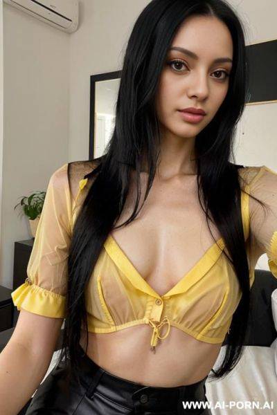 Slim woman long black hair selfie blouse yellow - ai-porn.ai on pornintellect.com