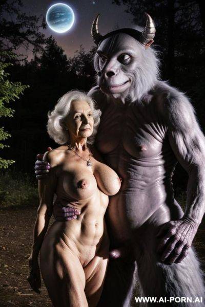 Two characters in the picture: granny and space monster (male) (fictional image); monster holding grandma in his arms - ai-porn.ai on pornintellect.com