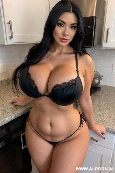 Bitch bimbo, buxom bimbo, rich housewife, idol housewife, gigantic silicone breasts, hour glass body, teapered waists, huge silicone ass, long black hair, standing in kitchen, wearing bikini, - ai-porn.ai on pornintellect.com