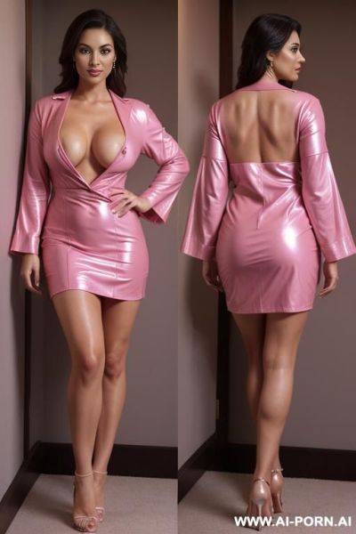 Pink leather short tight sexy robe dress, show naked boobs, no bra, show nipples - ai-porn.ai on pornintellect.com