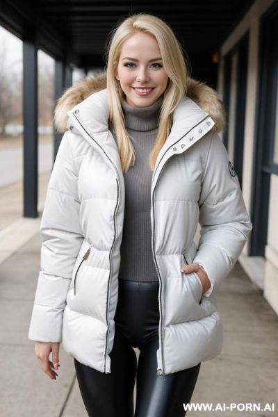 Blonde women wearing a puffy jacket and leggings - ai-porn.ai on pornintellect.com