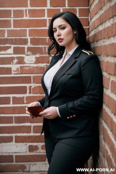 A very plump woman in an open socialist uniform leaning against a brick wall masturbating. - ai-porn.ai on pornintellect.com