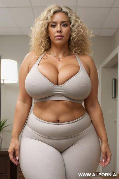 Sexy bimbo milf, aged milf, matured milf, thot, ultra thicc, tanned skin, sun tan skin, bulked up thighs, tight shirt, extremely gigantic boobs, fluffy curly afro hair, big silver necklace - ai-porn.ai on pornintellect.com