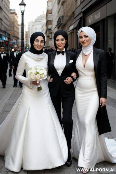 Two lesbian womans in hijabs, on the street, the first woman in a black tuxedo, the second woman in a white wedding dress with a ring on her finger - ai-porn.ai on pornintellect.com