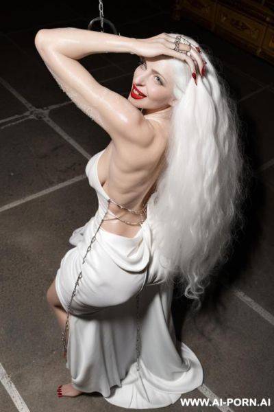 Vampire woman, big red eyes, big red lips, giant claws on hand, giant feet claw, long white hair, extremely hairy, hair longer than body, big sized demon wings, wings like ragged light cloth, - ai-porn.ai on pornintellect.com