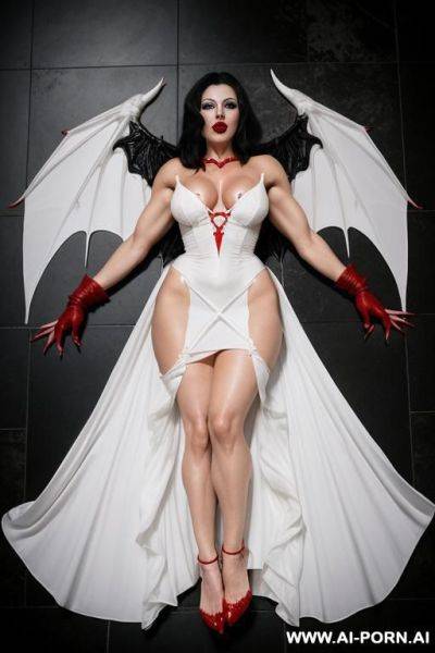 Vampire woman, skin, red eyes, red lips, giant claws on hand, giant feet claw, big fangs, damaged wings, big sized wings, wings like light cloth, lying in floor, chained ankles, sexy body, muscle body, ragged white wedding dress, knees on floor - ai-porn.ai on pornintellect.com
