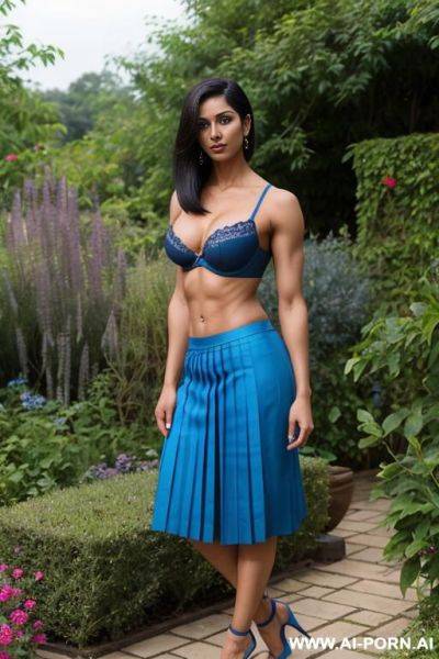 Indian, short hair, fit, abs, muscular arms, big ass, tall, long legs, navel piercing, blue bra, blue pleat skirt, looking at camera, full body, stiletto, in garden - ai-porn.ai - India on pornintellect.com