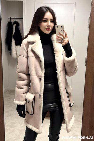 Woman long winter jacket with sheepskin coat selfie photo the mirror - ai-porn.ai on pornintellect.com