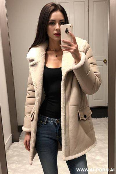 Woman jeans long winter jacket with sheepskin coat selfie photo in the mirror - ai-porn.ai on pornintellect.com