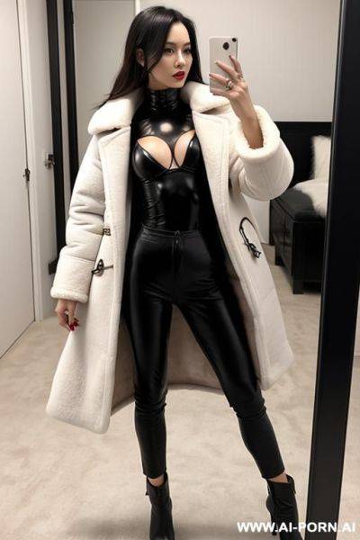 Woman black leather pants long winter jacket with sheepskin coat selfie photo the mirror - ai-porn.ai on pornintellect.com