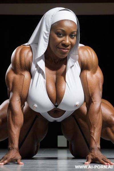 Two characters in the picture: short granny white nun, and black bodybuilder; nun totally naked on all fours pose, huge black negro bodybuilder (very muscle man), bodybuilder fuck nun - ai-porn.ai on pornintellect.com