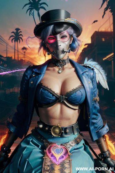 ((((masterpiece)))), (((woman sitting))), (glowing red eyes), (long blue purple and white hair with a flower), ((crop top white collar shirt with red tie)), ((((flaming angel wing)))), ((navy formal - ai-porn.ai on pornintellect.com
