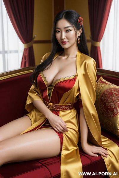Realistic mongolian woman, happy, beautiful natural boobs, beautiful natural body, ochre yellow royal robes with red, red royal lingerie, in a harem, on a couch - ai-porn.ai - Mongolia on pornintellect.com