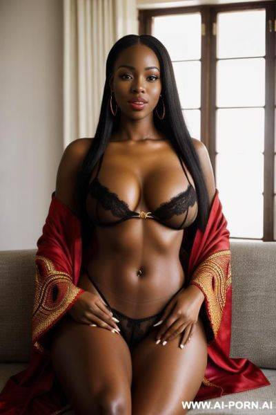 Realistic west african woman, happy, beautiful natural boobs, beautiful natural body, red royal african robes, white and red royal african lingerie, in a harem, on a couch - ai-porn.ai on pornintellect.com