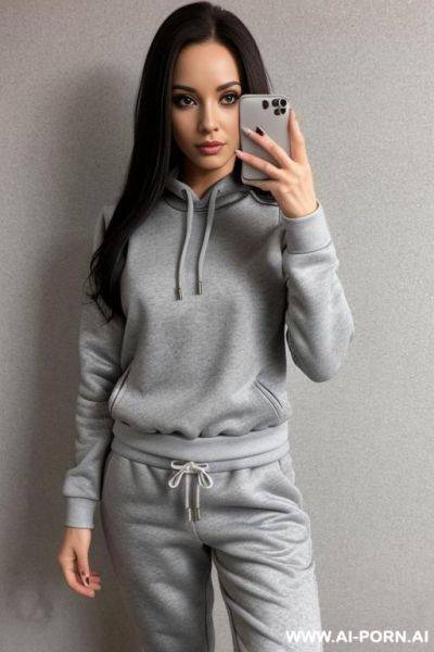 Woman gray tracksuits long sweatshirt selfie - ai-porn.ai on pornintellect.com