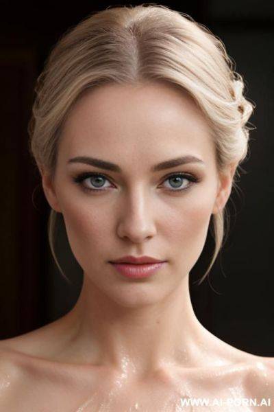 Realistic, beautiful face, fair white wet skin, sexy body, perfect natural breasts, makeup, eye contact, updo hair, naked woman - ai-porn.ai on pornintellect.com
