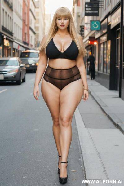 Chubby woman, long blonde hair with bangs, full body standing, triangular hips, thick thighs, wearing flare panties, walking through the city streets - ai-porn.ai on pornintellect.com