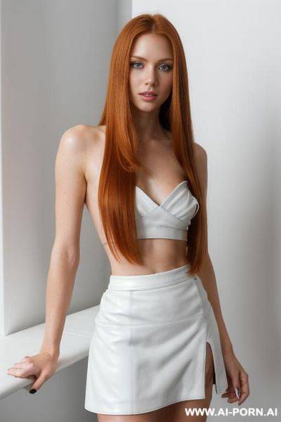 (((wearing a short split white leather skirt))), (((side swept hair))), (long hairs), topless, - ai-porn.ai on pornintellect.com