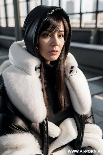 Black puffer coat with white fur hood around the face, - ai-porn.ai on pornintellect.com