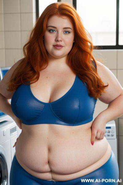 Half-length photo, ((half body photo shot close up)). as a set in the laundry area, a (((obese))) fat chubby fat thick and bbw redhead british, ((she is washing clothes)). ((she has - ai-porn.ai - Britain on pornintellect.com