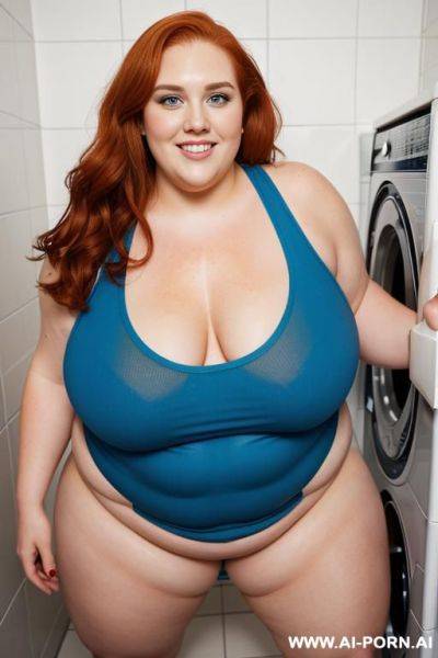 Half-length photo, ((full body photo shot close up)). as a set in the laundry area, a (((bbw))) fat chubby fat thick and bbw redhead british, ((she is washing clothes)). ((she has lovehandless)). she is wearing a ripped gym clothes - ai-porn.ai - Britain on pornintellect.com
