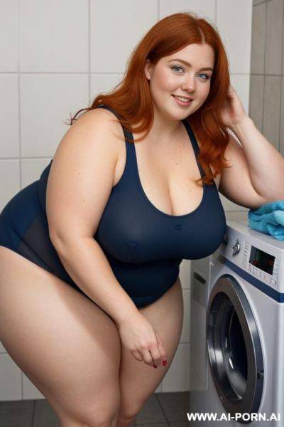 Half-length photo, ((full body photo shot close up)). as a set in the laundry area, a (((chubby))) fat chubby fat thick and bbw redhead british, ((she is washing clothes)). ((she has lovehandless)). she is wearing a ripped gym clothes - ai-porn.ai - Britain on pornintellect.com