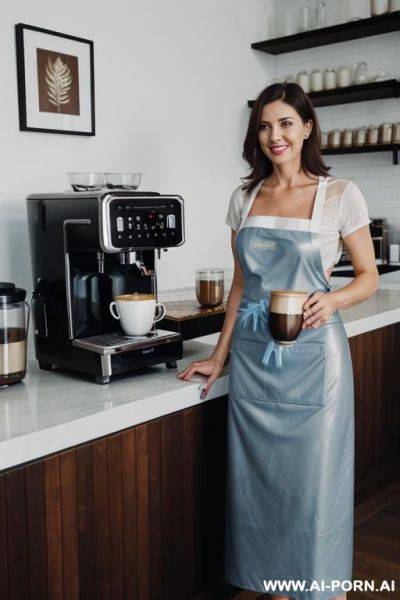 Light blue leather apron, cotton semi-transparent blouse with a large neckline, show naked boobs, bra off - ai-porn.ai on pornintellect.com